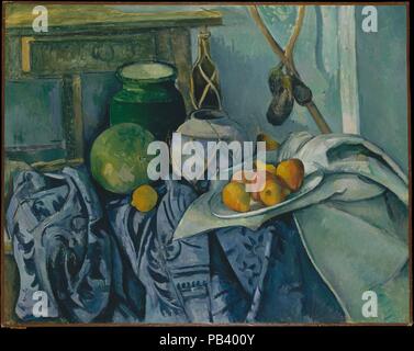 Still Life with a Ginger Jar and Eggplants. Artist: Paul Cézanne (French, Aix-en-Provence 1839-1906 Aix-en-Provence). Dimensions: 28 1/2 x 36 in. (72.4 x 91.4 cm). Date: 1893-94.  For this commanding still life, with its richly orchestrated play of overlapping shapes, patterns, colors, and textures, Cézanne relied on a stock of familiar objects. The raffia-corded ginger jar, for example, is featured in more than a dozen compositions, including three of comparable verve dating to the early 1890s. Museum: Metropolitan Museum of Art, New York, USA. Stock Photo