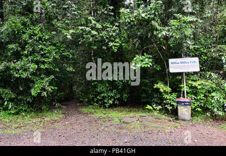 Millaa Millaa falls sign next to a garbage bin, Atherton Tablelands, QLD, Australia Stock Photo