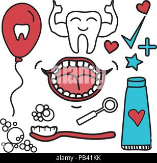 Vector set Dental care symbols for kids in cartoon style. Stock Vector