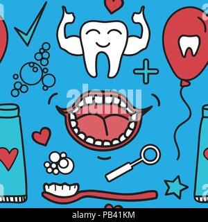 Vector Dental care seamless pattern. Set Symbols for kids in cartoon style. Stock Vector