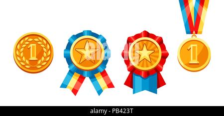 Set of gold medals with colored ribbon. Stock Vector