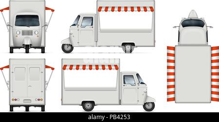 Food truck vector mockup. Isolated template of delivery tricycle on white background for vehicle branding, corporate identity. Stock Vector