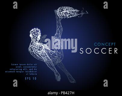 Abstract low-poly football player which consists of line and points, on dark background. Vector illustration. Graphic concept soccer. Stock Vector