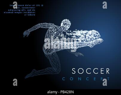 Abstract low-poly football player which consists of line and points, on dark background. Vector illustration. Graphic concept soccer. Stock Vector