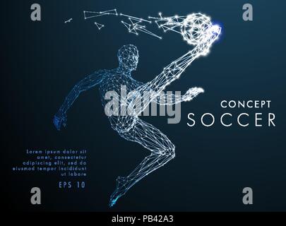 Abstract low-poly football player which consists of line and points, on dark background. Vector illustration. Graphic concept soccer. Stock Vector