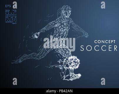 Abstract low-poly football player which consists of line and points, on dark background. Vector illustration. Graphic concept soccer. Stock Vector