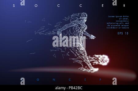 Abstract low-poly football player which consists of line and points, on dark background. Vector illustration. Graphic concept soccer. Stock Vector