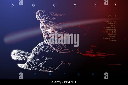 Abstract low-poly football player which consists of line and points, on dark background. Vector illustration. Graphic concept soccer. Stock Vector