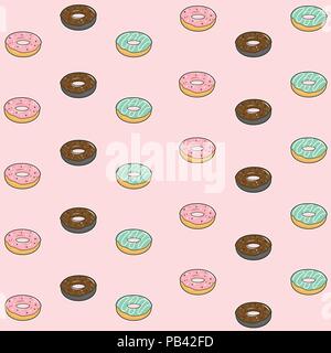vector seamless pattern with colorful donuts with glaze and sprinkles on pastel pink color background for decorate coffee shop or bakery shop. Stock Vector