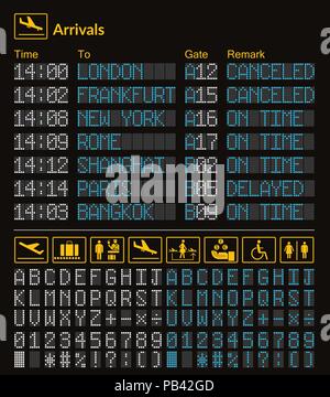 Realistic LED digital board airport template. Vector 3D white and blue LED digital font with alphabet and numbers on dark background eps. yellow airpo Stock Vector