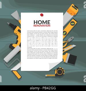 paper notice as frame with headline home renovation and copy space for your text pin on wooden board , decorate with yellow home repair tools. home re Stock Vector