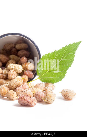 White cup with fresh sweet white mulberry berries and green leaf of mulberry tree isolated on white Stock Photo