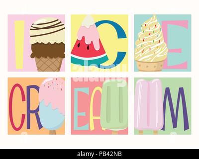 set of creative vector tasty colorful ice cream collection with many flavor illustrations with text icecream isolated on colorful background Stock Vector