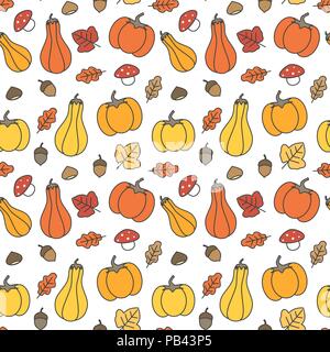 cute fall autumn seamless vector pattern background illustration with pumpkins, leaves, acorns, chestnuts and mushrooms Stock Vector