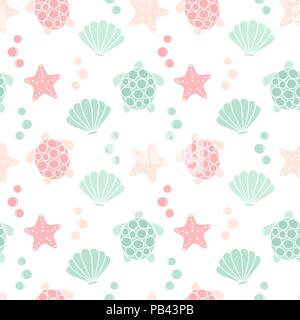 cute lovely summer seamless vector pattern background illustration with turtles, shells and starfishes Stock Vector