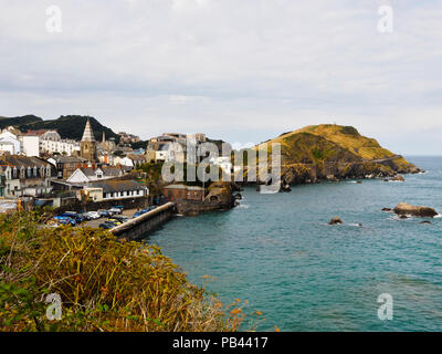 View from Lantern Hill across eastern Ilfracombe to Capstone Rock. St Phillip and St James Church middle left Stock Photo