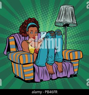 Woman with phone in chair Stock Vector