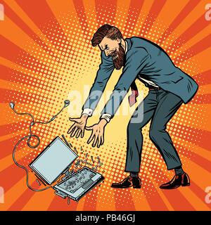 Man destroys laptop. Stress at work Stock Vector