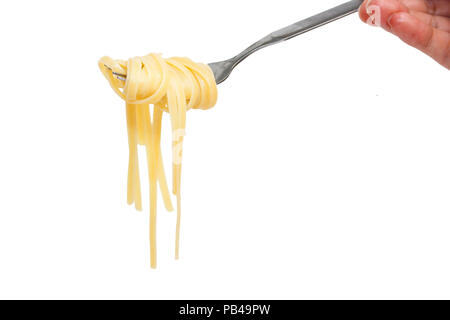 pasta on fork isolated against white. Stock Photo