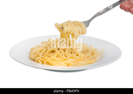 pasta on fork isolated against white. Stock Photo