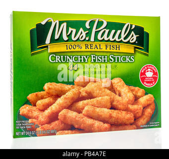 Winneconne, WI - 25 July 2018 -  A box of Mrs Paul's crunchy fish sticks on an isolated background. Stock Photo