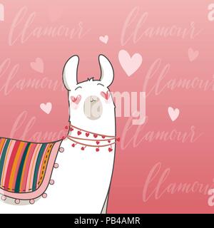 Lama in cartoon style. Lama in love with heart in their eyes. Hand drawn vector illustration. Elements for greeting card, poster, banners. T-shirt, notebook and sticker design Stock Vector