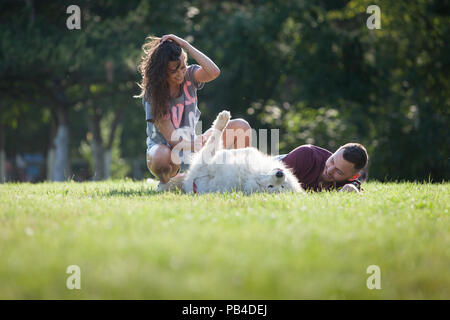 Lovely young couple having quality time with their dog in the park. Stock Photo