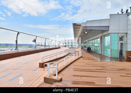Japan. Haneda Airport international terminal, the airport to Tokyo. Outdoor viewing gallery balcony. Stock Photo