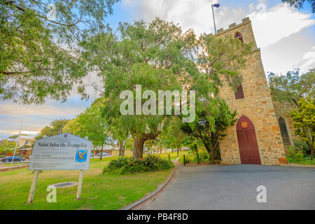 Albany, Australia - Dec 28, 2017: St. John the Evangelist Anglican Church at twilight, on York Street in Albany, the oldest church to be consecrated in Western Australia. Construction began in 1841. Stock Photo