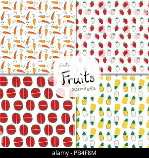 pack of doodle fruits pattern seamless background Stock Vector