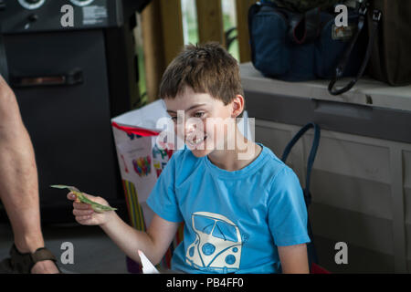 Blue t-shirt wearing birthday boy, on his knees, opening his presents, smiling. Model Release #105 Stock Photo