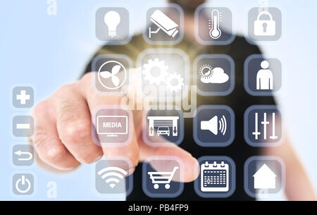 close-up of man using translucent smart home interface Stock Photo