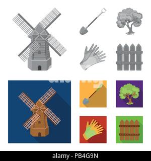 A shovel with a handle, a tree in the garden, gloves for working on a farm, a wooden fence. Farm and gardening set collection icons in monochrome,flat Stock Vector