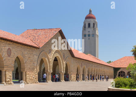 STANFORD, UNITED STATES - July 6: Historic Stanford University features original sandstone walls with thick Romanesque features. Stock Photo