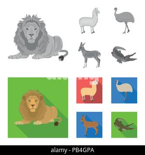 lama, ostrich emu, young antelope, animal crocodile. Wild animal, bird, reptile set collection icons in monochrome,flat style vector symbol stock illu Stock Vector