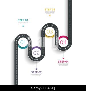 Winding road way location infographic template with a phased structure. Business circle template with options for diagram, timeline. Vector EPS 10 Stock Vector