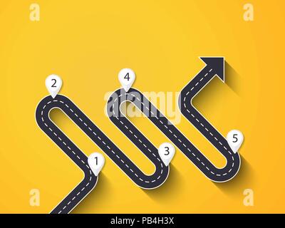 Road way location infographic template with a phased structure. Winding road in the form of arrows. Vector EPS 10 Stock Vector