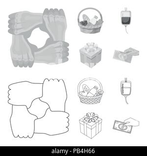Gesture of the hands in support, a basket with food for charity, donor blood, a gift donation box. Charity and donation set collection icons in outlin Stock Vector