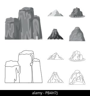 Sheer cliffs, a volcanic eruption, a mountain with a beach, a glacier. Different mountains set collection icons in outline,monochrome style vector sym Stock Vector