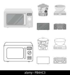 Steamer, microwave oven, scales, lcd tv.Household set collection icons in outline,monochrome style vector symbol stock illustration . Stock Vector