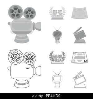 Silver camera. A bronze prize in the form of a TV and other types of prizes.Movie awards set collection icons in outline,monochrome style vector symbo Stock Vector