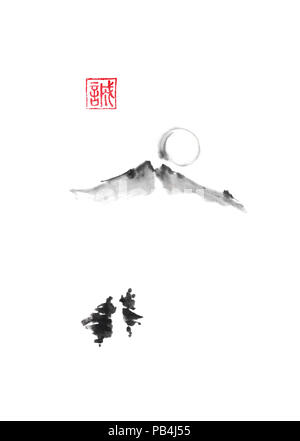 夫婦水墨画 Couple walking in mountains Japanese style original sumi-e