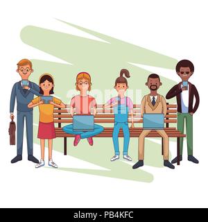 People seated on park chair using technology vector illustration graphic design Stock Vector