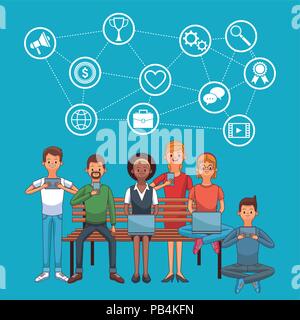 People seated on chair connected to social media vector illustration graphic design Stock Vector