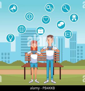 People seated at park connected to social media cartoons vector illustration graphic design Stock Vector