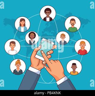 Hands using smartphone to connect people around the world vector illustration graphic design Stock Vector