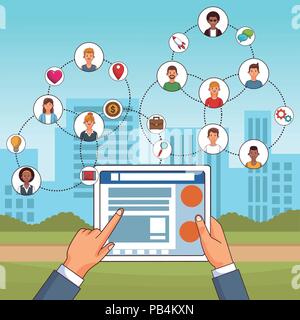 Hands using tablet to check social networks vector illustration graphic design Stock Vector