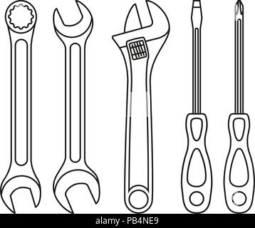 Line art black and white wrench screwdriver set Stock Vector