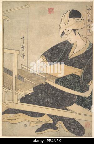 A Woman Weaving, Seated at a Hand Loom. Artist: Kitagawa Utamaro (Japanese, ca. 1754-1806). Culture: Japan. Dimensions: 14 3/4 x 9 7/8 in. (37.5 x 25.1 cm). Date: ca. 1796. Museum: Metropolitan Museum of Art, New York, USA. Stock Photo