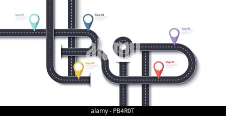 Road Trip and Journey Route. Business and Journey Infographic Design Template with Pin-pointers and place for your data. Winding roads. Vector EPS 10 Stock Vector